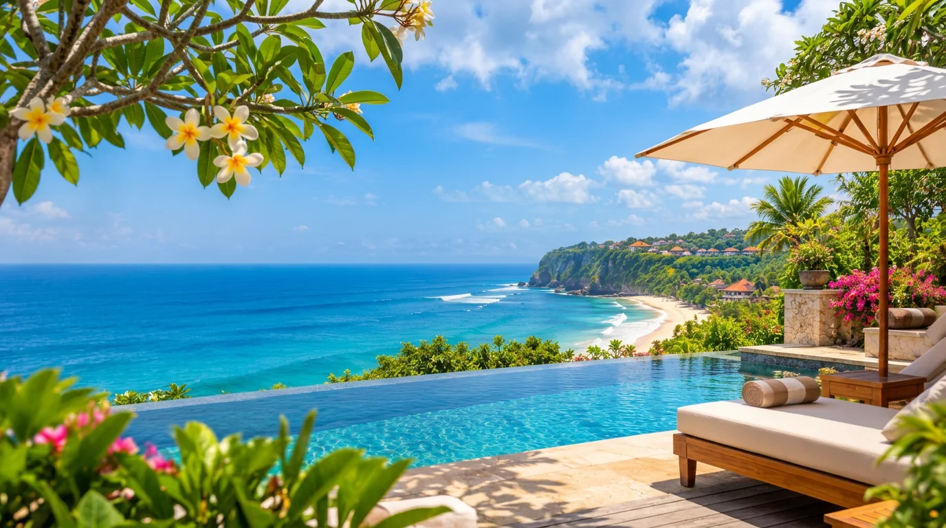 Bright turquoise infinity pool overlooking a Bali beach, tropical coastline and luxury resort