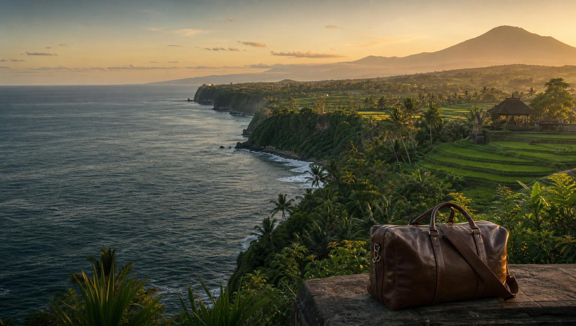Lush green Bali rice terraces glowing at sunrise with palm trees and distant volcanoes